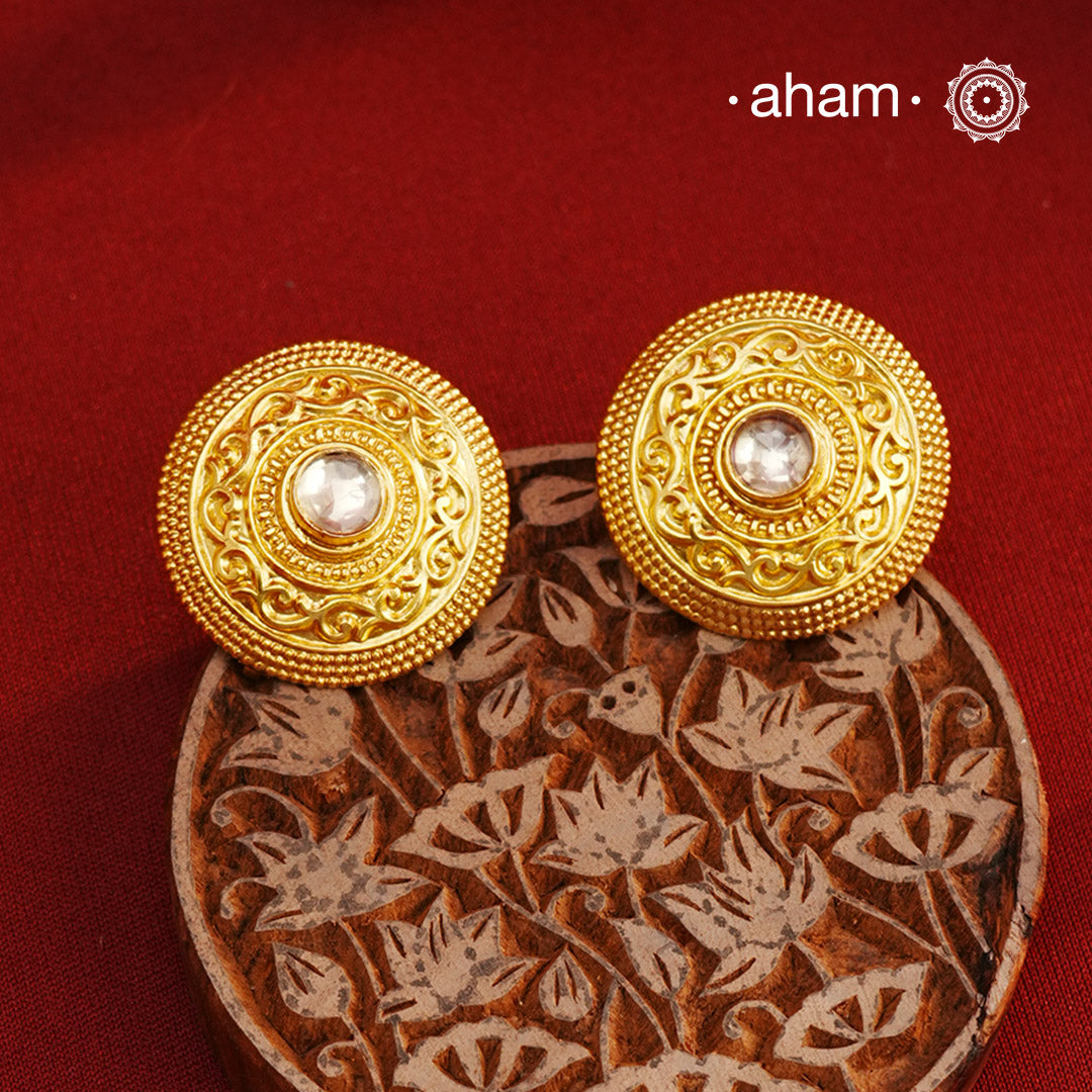 Beautiful gold polish studs, handcrafted in 92.5 sterling silver with floral work. Lightweight earrings perfect for festivities