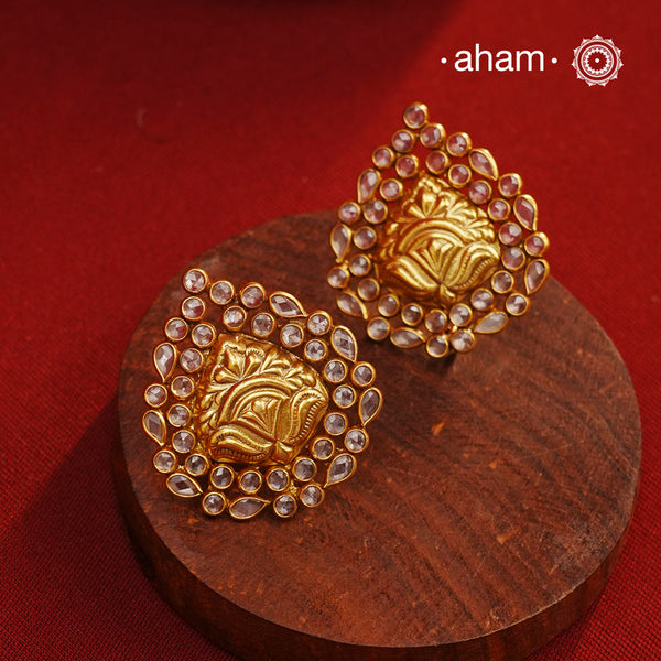 Beautiful gold polish studs, handcrafted in 92.5 sterling silver with zircon work. Lightweight earrings perfect for special occasions.