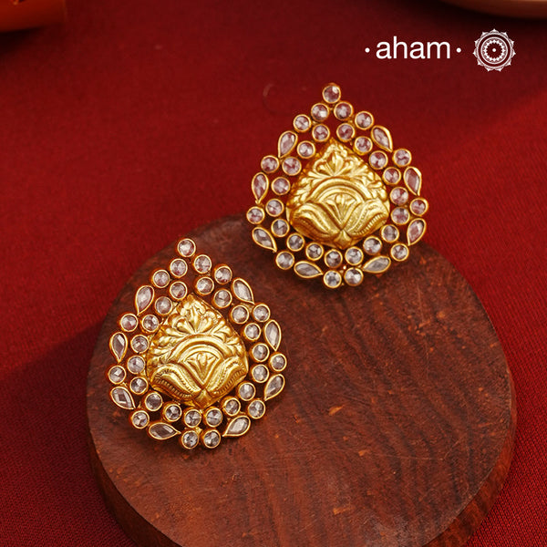 Beautiful gold polish studs, handcrafted in 92.5 sterling silver with zircon work. Lightweight earrings perfect for special occasions.