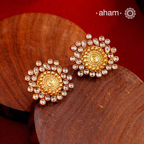 Beautiful gold polish studs with zircons, handcrafted in 92.5 sterling silver and dipped in gold polish. Perfect for intimate celebrations.