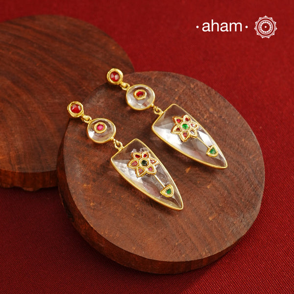 Gold Polish Silver Earrings feature exquisite kundan inlay work, blending traditional craftsmanship with contemporary style. Perfectly suited for Indo-Western ensembles, they add a touch of elegance and sophistication to your look. Crafted with attention to detail making them a versatile accessory for special occasions.