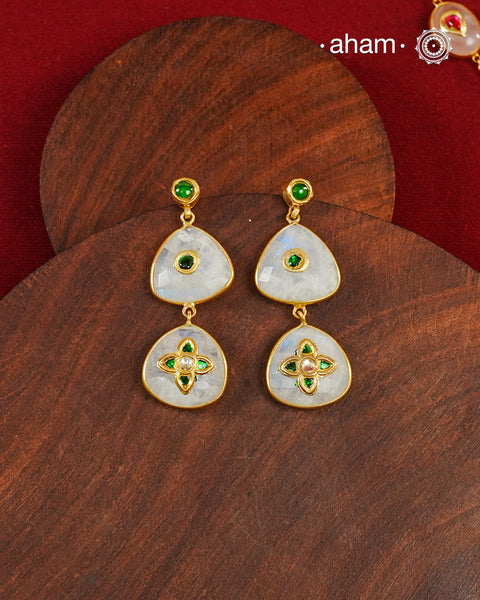Gold Polish Silver Earrings feature exquisite kundan inlay work, blending traditional craftsmanship with contemporary style. Perfectly suited for Indo-Western ensembles, they add a touch of elegance and sophistication to your look. Crafted with attention to detail these make a versatile accessory for special occasions.