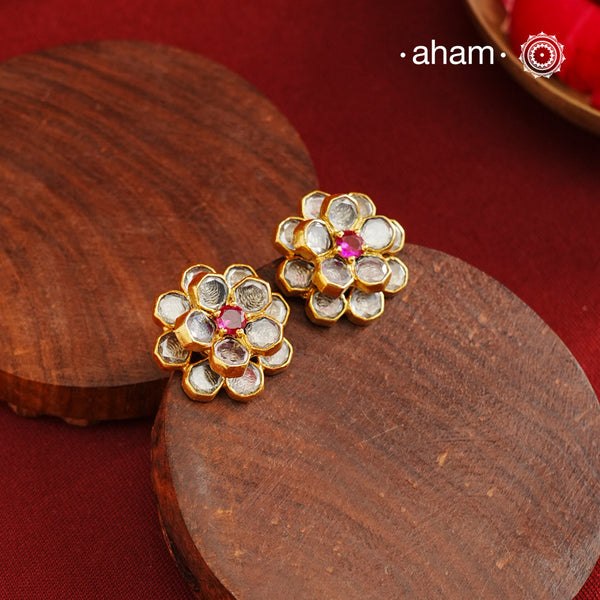 Statement gold polish Stud with beautiful kundan work. Handcrafted using traditional methods in 92.5 sterling silver with gold polish. Pair these with your ethnic outfits this festive season to ace your look.