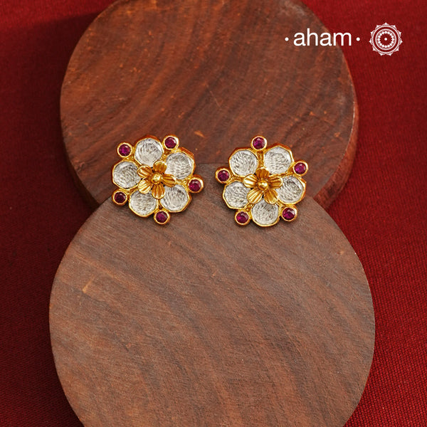 Kundan Flower Gold Polish Silver studs