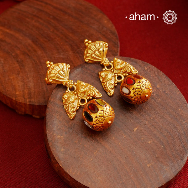 Gold Polish Double Peacock Silver Earrings
