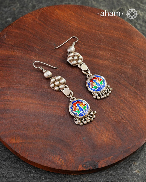 Vintage Peacock Meena Silver Earrings