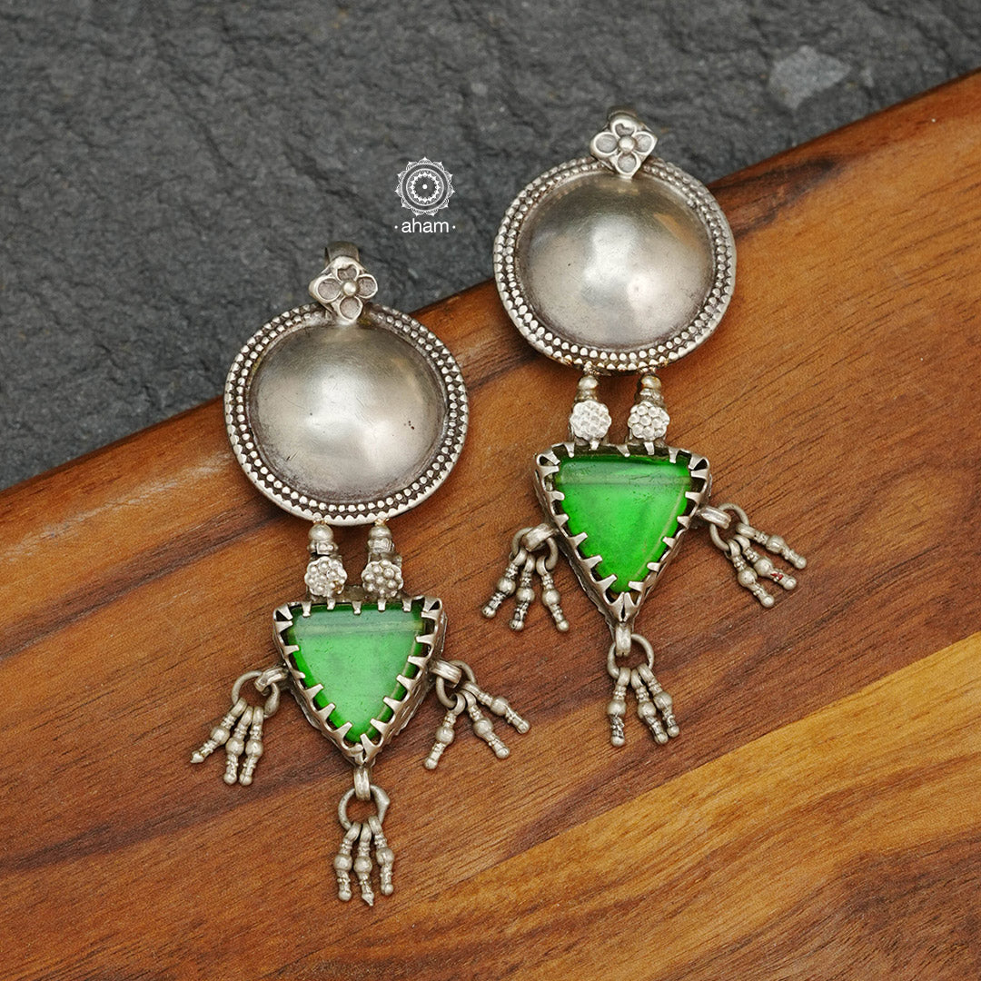 Vintage Tribal Glass Green Silver Earrings
