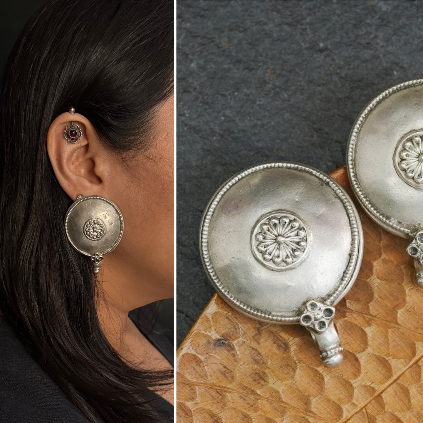 Tribal silver oversized studs.
There is a different charm to old world pieces. So unique, so beautiful, heirloom pieces.Tribal silver earrings that will make a beautiful edition to your collection.Please note since these are made from assorted old pieces, there might be some minor variations between the two pieces.  These pieces were a part of a vintage neckpiece that have been converted into earrings.