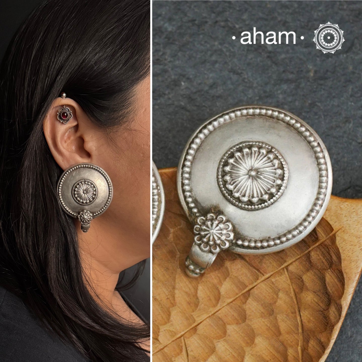 Tribal silver oversized studs.
There is a different charm to old world pieces. So unique, so beautiful, heirloom pieces.Tribal silver earrings that will make a beautiful edition to your collection.Please note since these are made from assorted old pieces, there might be some minor variations between the two pieces.  These pieces were a part of a vintage neckpiece that have been converted into earrings.