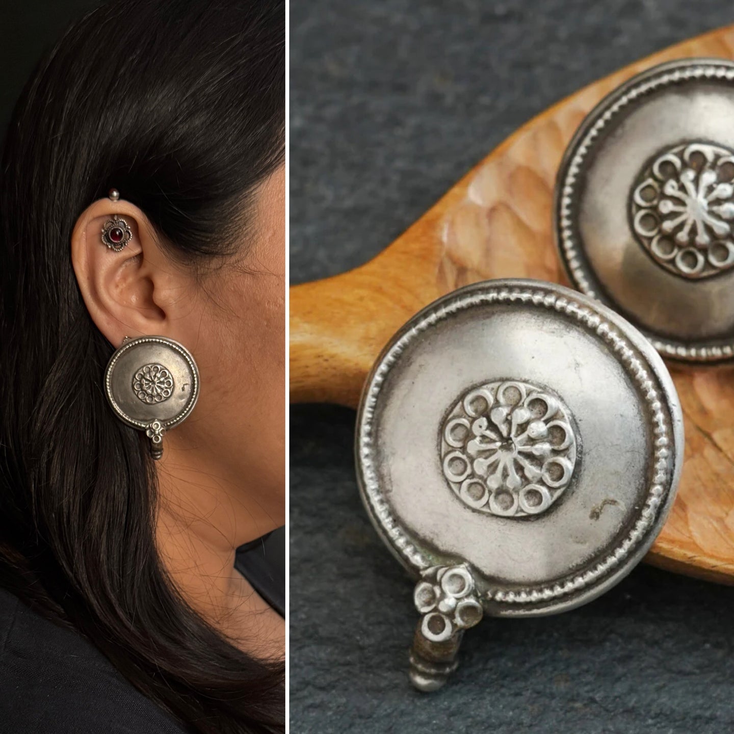Tribal silver oversized studs.
There is a different charm to old world pieces. So unique, so beautiful, heirloom pieces.Tribal silver earrings that will make a beautiful edition to your collection.Please note since these are made from assorted old pieces, there might be some minor variations between the two pieces.  These pieces were a part of a vintage neckpiece that have been converted into earrings.