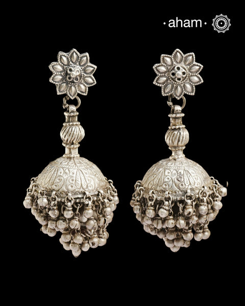 Statement Tribal Silver Jhumkie Earrings - These bold, handcrafted silver jhumkie earrings. The delicate ghungroos create a delightful sound with every movement, adding a playful yet traditional touch. Perfect for those who appreciate heritage jewellery wthese earrings are an eye-catching addition to any collection. Please note that the earrings are heavy and weigh around 122 grams