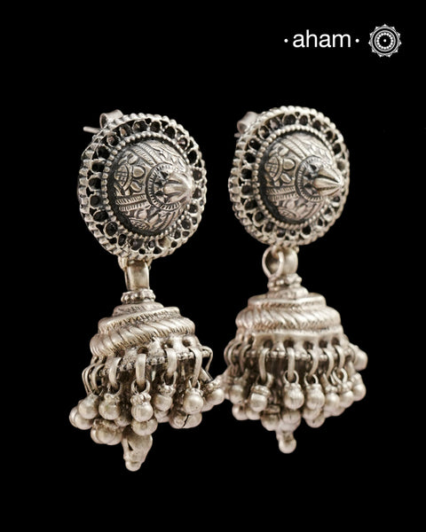 Statement Tribal Silver Jhumkie Earrings - These bold, handcrafted silver jhumkie earrings. The bold ghungroos create a delightful sound with every movement, adding a playful yet traditional touch. Perfect for those who appreciate heritage jewellery, these earrings are an eye-catching addition to any collection.