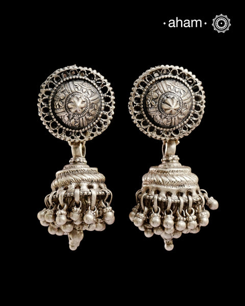 Statement Tribal Silver Jhumkie Earrings - These bold, handcrafted silver jhumkie earrings. The bold ghungroos create a delightful sound with every movement, adding a playful yet traditional touch. Perfect for those who appreciate heritage jewellery, these earrings are an eye-catching addition to any collection.