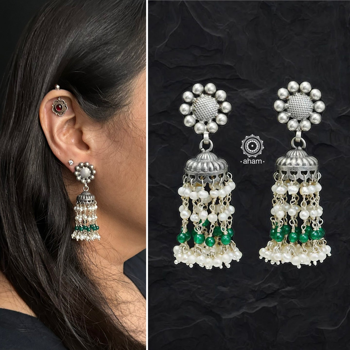 Handcrafted in 92.5 sterling silver with elegant flower motif stud and dangling semi precious beads. These festive jhumkie earrings are a showstopper. 