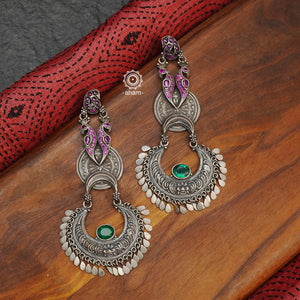 Shivneri Peacock Chandbali Silver Earrings