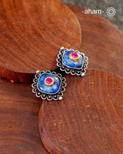 Handcrafted 92.5 Sterling Silver Earrings. Lapiz stone setting with inlay work.