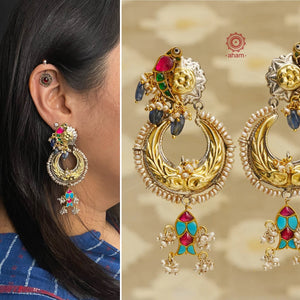 Handcrafted Noori two tone Chandbali earrings in 92.5 sterling silver. With beautiful parrot motif and embellished cultured pearls. Style this up with your favourite ethnic or fusion outfit. 