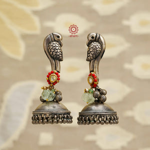 Noori Parrot two tone silver jhumkie, classic design with a pop of colour. 