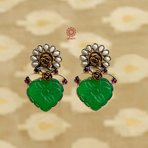 Beautiful Noori Green Onyx two tone Silver Earring with pearl flowers.  Handcrafted lightweight earrings in 92.5 sterling silver. Style this up with your favourite ethnic or fusion outfit.