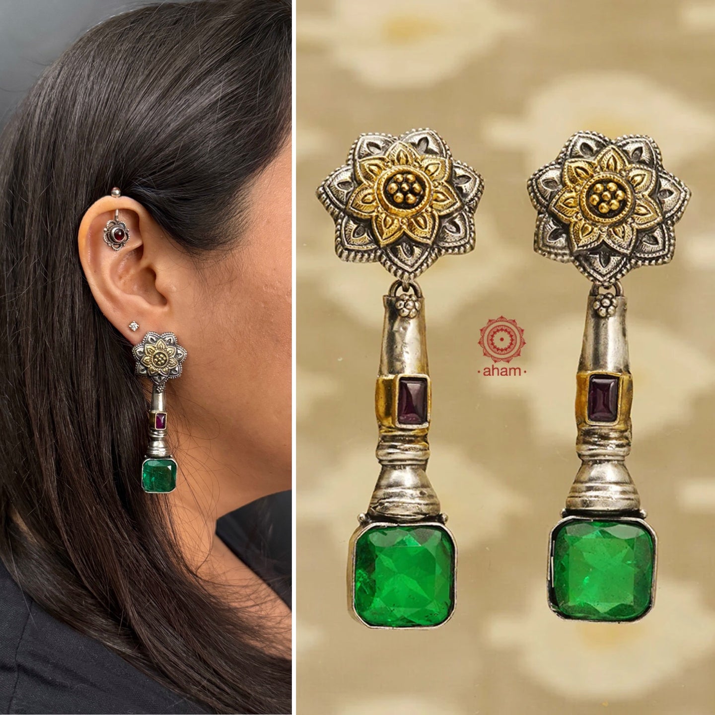 Noori two tone earrings in 92.5 sterling silver. Handcrafted earrings with beautiful faceted green stone and flower motifs. Style this up with your favourite ethnic or fusion outfit.