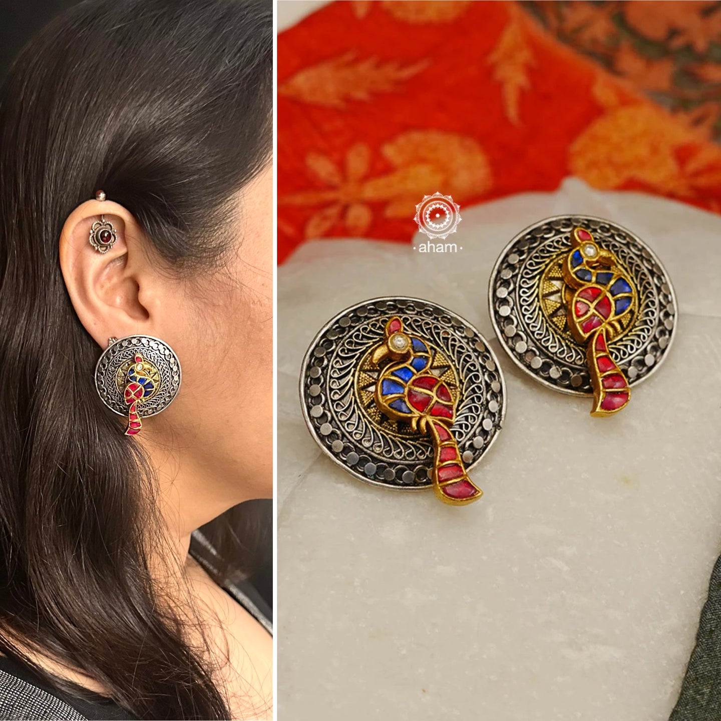 Noori two tone earrings in 92.5 sterling silver. Handcrafted earrings with beautiful peacock motif in the center.  Style this up with your favourite ethnic or fusion outfit.