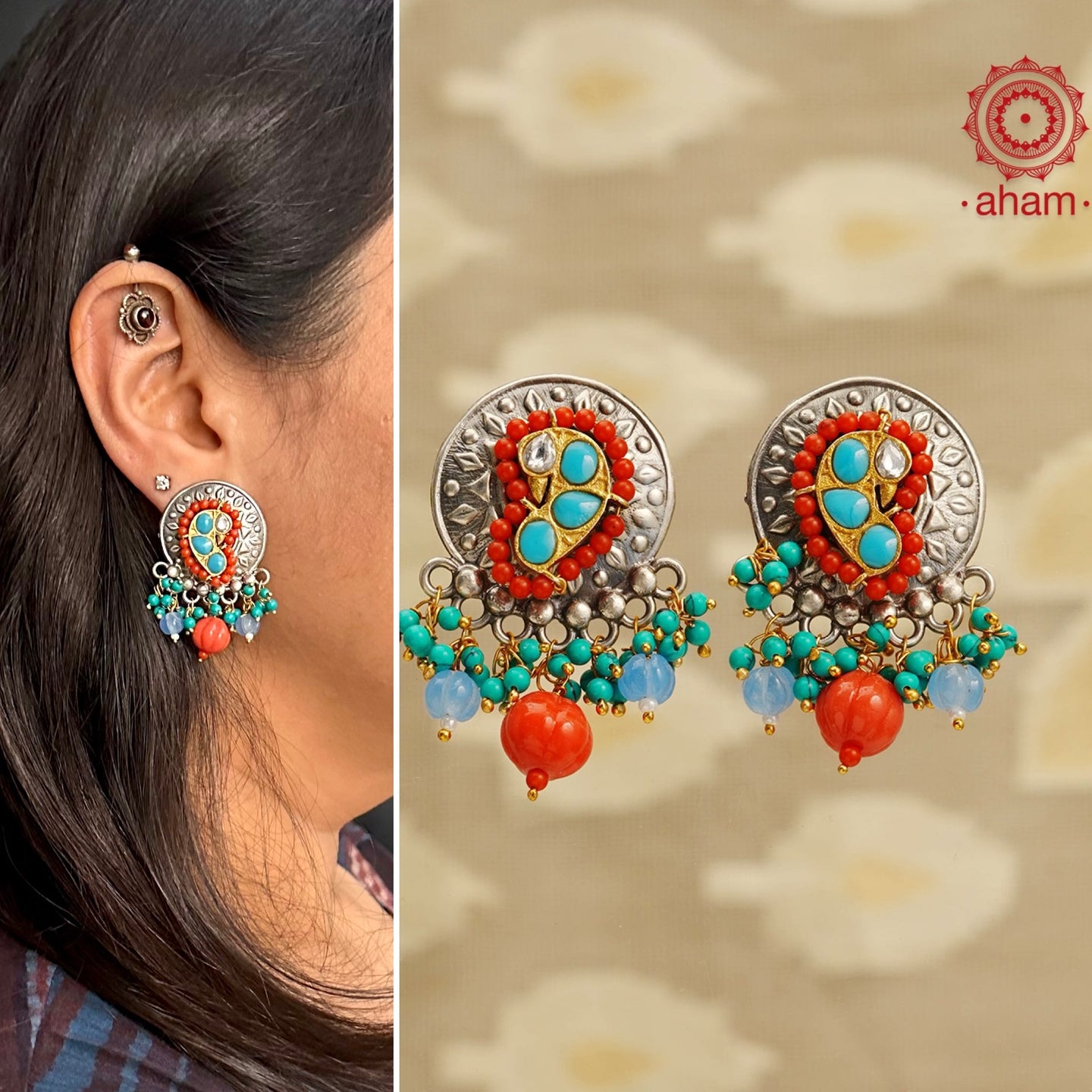 Noori two tone earrings in 92.5 sterling silver. Handcrafted earrings with beautiful semi precious stones. Style this up with your favourite ethnic or fusion outfit.