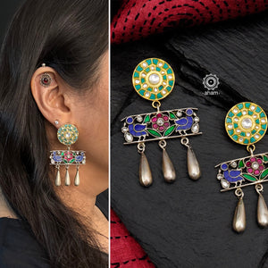 Fun, unique, one of a kind dual tone earrings crafted in silver.  Style this up with your favourite ethnic or fusion outfit.