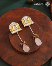 Noori two tone Earrings. The earrings are handcrafted in 92.5 sterling silver with gold highlights and a rose quartz drop. Style this up with your favourite ethnic or fusion outfits to complete the look.
