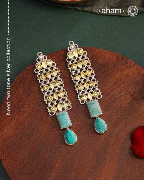 Noori two tone handcrafted in 92.5 sterling silver with gold highlights and turquoise drop. Style this up with your favourite ethnic or fusion outfits to complete the look.