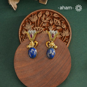 Noori two tone Earrings. The earrings are handcrafted in 92.5 sterling silver with gold highlights and lapiz stone. Style this up with your favourite ethnic or fusion outfits to complete the look.