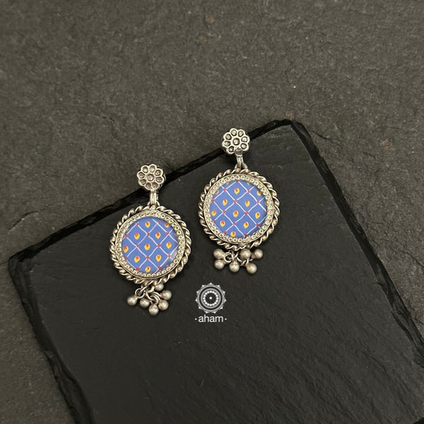 Hand Painted Floral Silver Earrings