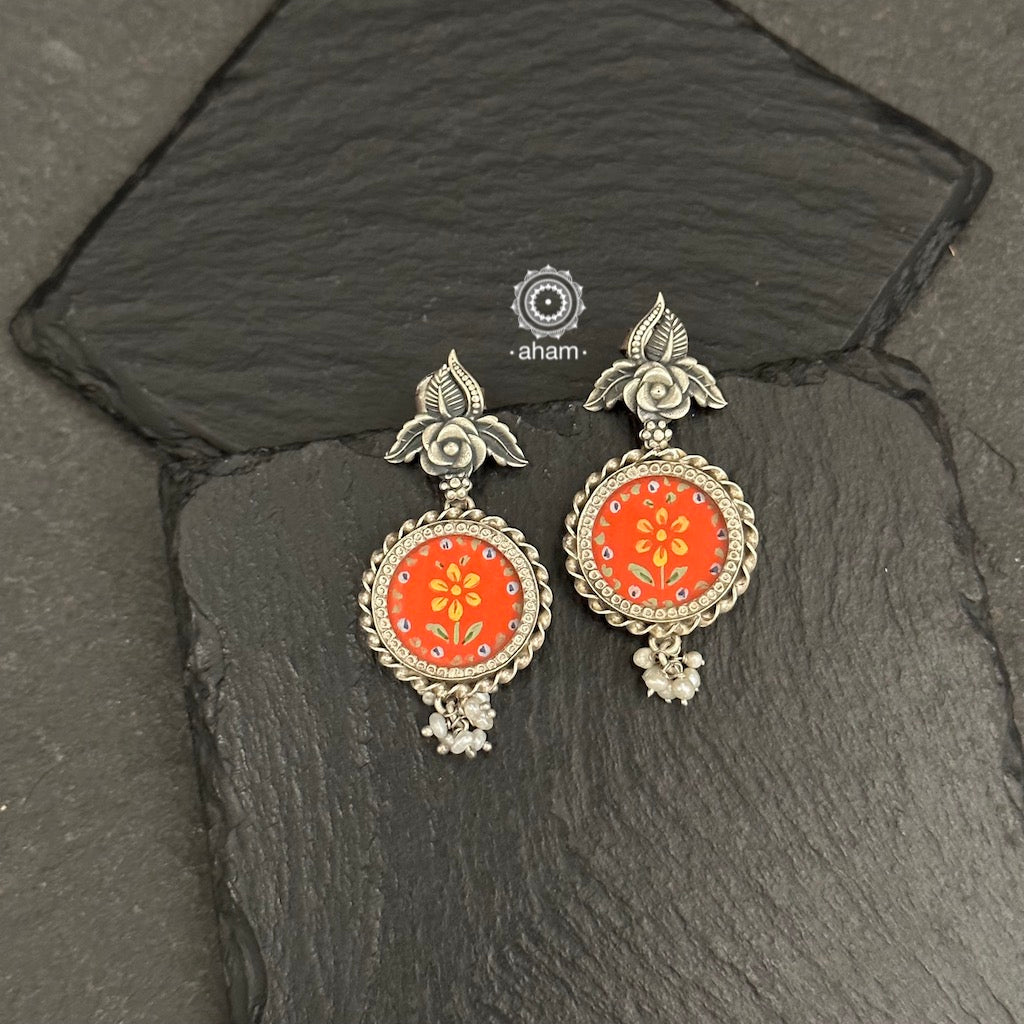 Hand Painted Floral Silver Earrings