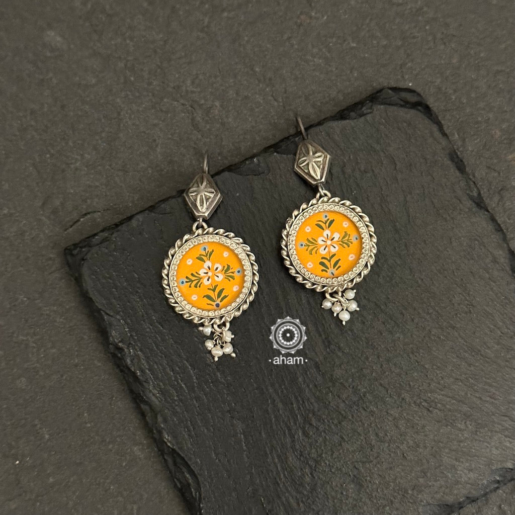 Hand Painted Floral Silver Earrings