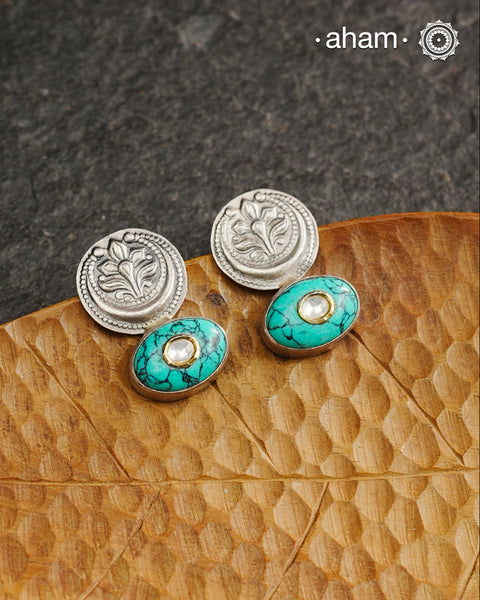 Handcrafted 92.5 sterling silver Ira Earrings with little turquoise drop. 
Fun, light weight earrings to wear all day long.