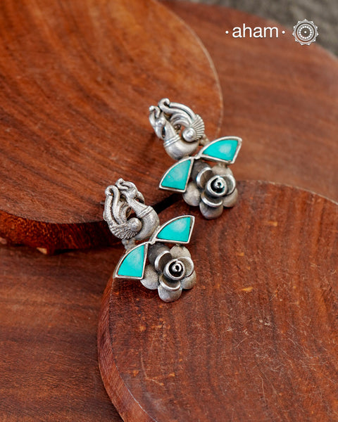 Handcrafted 92.5 sterling silver Ira Earrings with perfect peacock &amp; rose and turquoise highlight. Perfect for casual evenings.