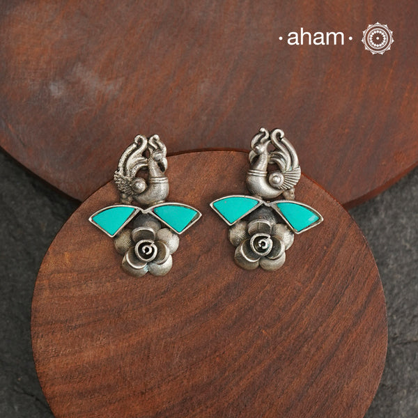 Handcrafted 92.5 sterling silver Ira Earrings with perfect peacock &amp; rose and turquoise highlight. Perfect for casual evenings.