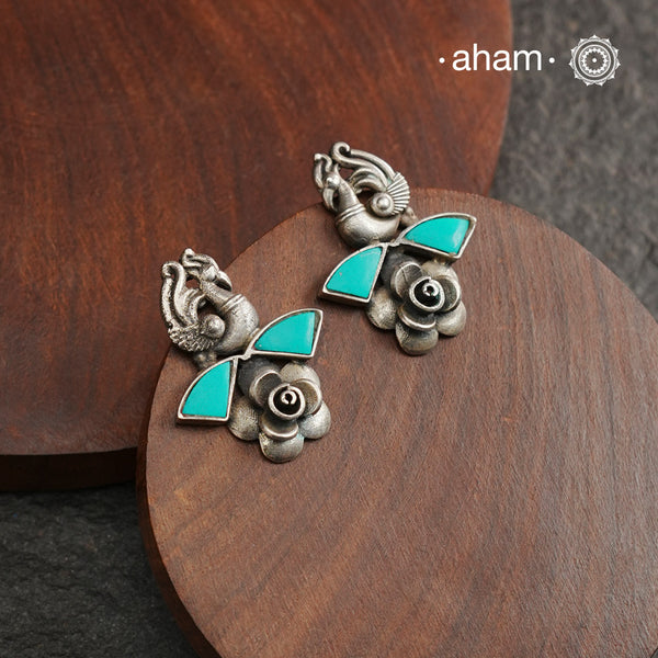 Handcrafted 92.5 sterling silver Ira Earrings with perfect peacock & rose and turquoise highlight. Perfect for casual evenings.