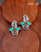 Handcrafted 92.5 sterling silver Ira Earrings with perfect peacock &amp; rose and turquoise highlight. Perfect for casual evenings.