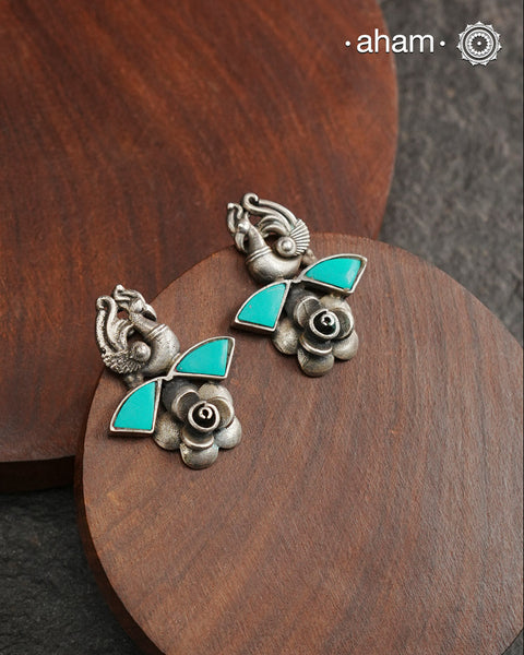 Handcrafted 92.5 sterling silver Ira Earrings with perfect peacock & rose and turquoise highlight. Perfect for casual evenings.