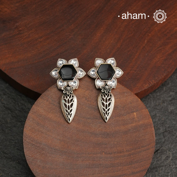 Handcrafted 92.5 sterling silver Ira Earrings with kundan and black stone highlight.Perfect for special occasions and festivities.
