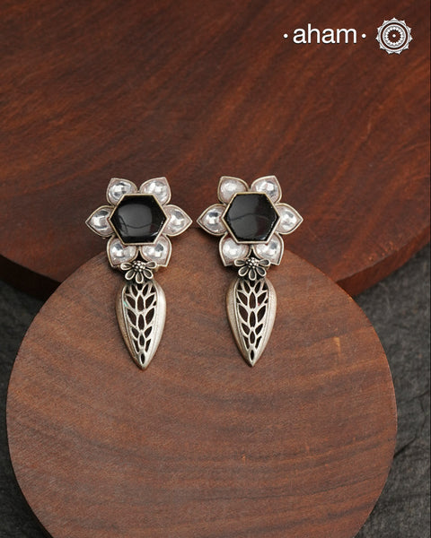 Handcrafted 92.5 sterling silver Ira Earrings with kundan and black stone highlight.Perfect for special occasions and festivities.