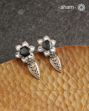 Handcrafted 92.5 sterling silver Ira Earrings with kundan and black stone highlight.Perfect for special occasions and festivities.