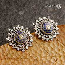 Handcrafted 92.5 sterling silver Ira Earrings with lapis chips in the center surrounded by zircon stones. Perfect for special occasions and festivities.
