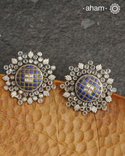 Handcrafted 92.5 sterling silver Ira Earrings with lapis chips in the center surrounded by zircon stones. Perfect for special occasions and festivities.