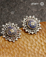 Handcrafted 92.5 sterling silver Ira Earrings with lapis chips in the center surrounded by zircon stones. Perfect for special occasions and festivities.