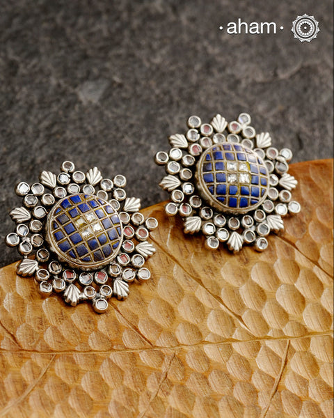 Handcrafted 92.5 sterling silver Ira Earrings with lapis chips in the center surrounded by zircon stones. Perfect for special occasions and festivities.