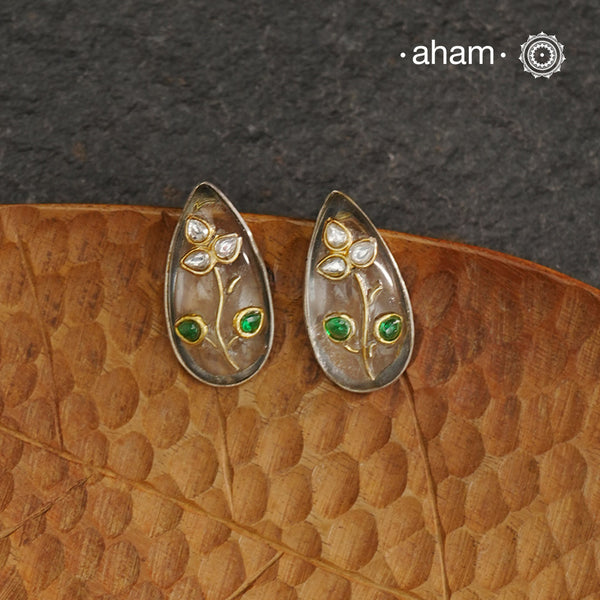 Handcrafted 92.5 sterling silver Ira drop earrings with clear quartz stone with inlay work.