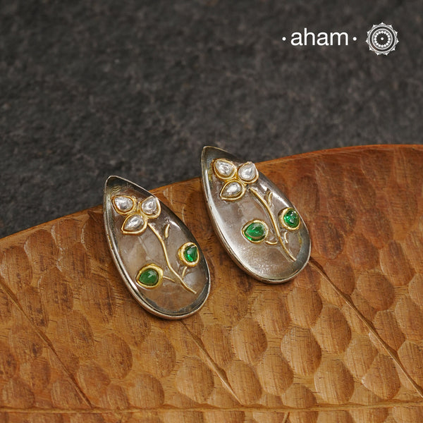 Handcrafted 92.5 sterling silver Ira drop earrings with clear quartz stone with inlay work.