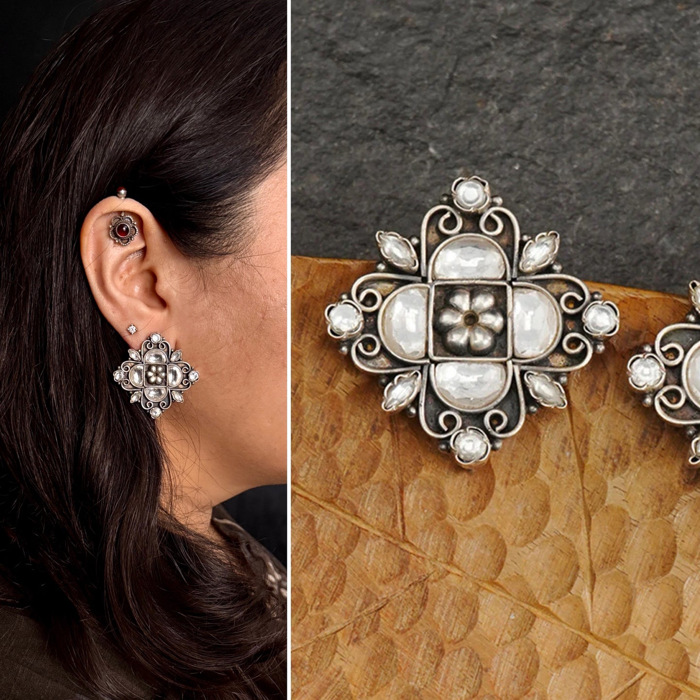 Handcrafted with precision, the Ira Silver Studs are adorned with stunning kundan work. Made from 92.5 silver, these elegant earrings add a touch of sophistication to any outfit. Perfect for special occasions.