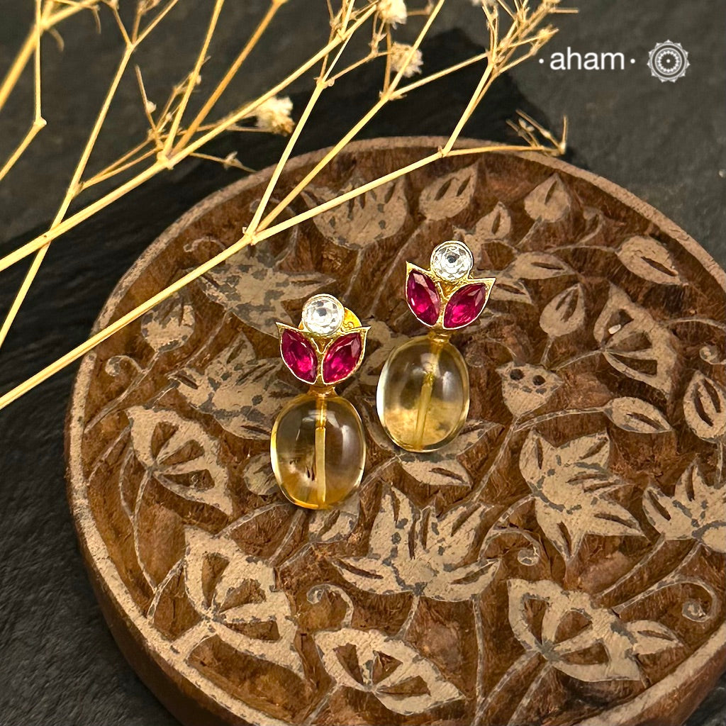 Citrine Bead With Pink & White Kundan Gold Polish Silver Earrings crafted in 92.5 silver with gold polish. Perfect for work wear and they also make great gifts